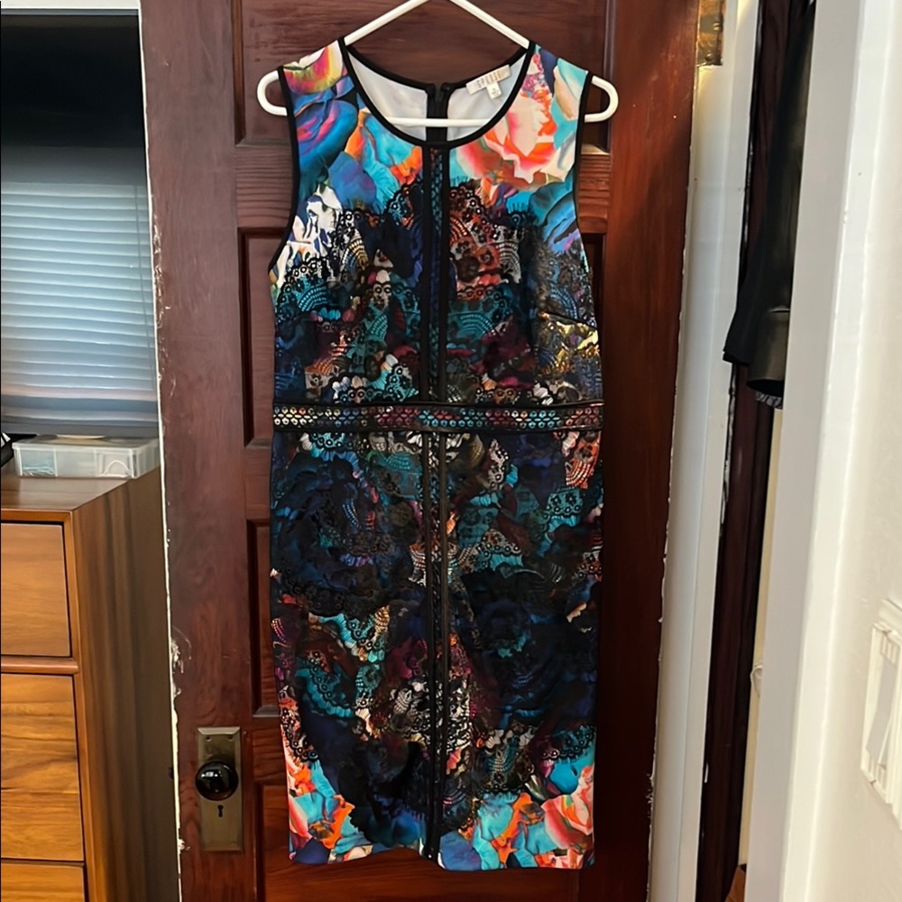 Vibrant Floral and Lace Sleeveless Scuba Dress